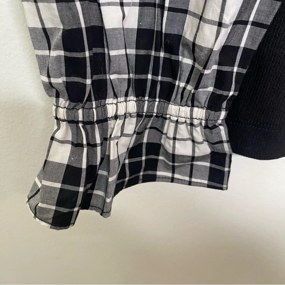 Loft Long Plaid Sleeve Knit Top Black Ivory Sz M